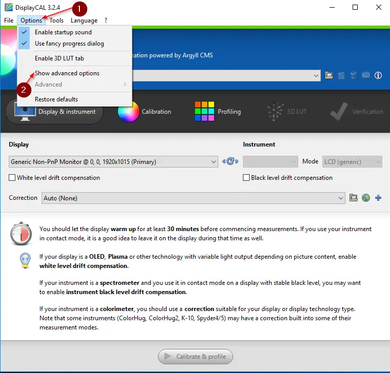 Enabling Advanced Options in DisplayCAL