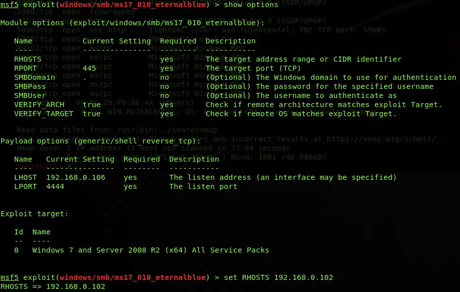 Metasploit ms07-010options