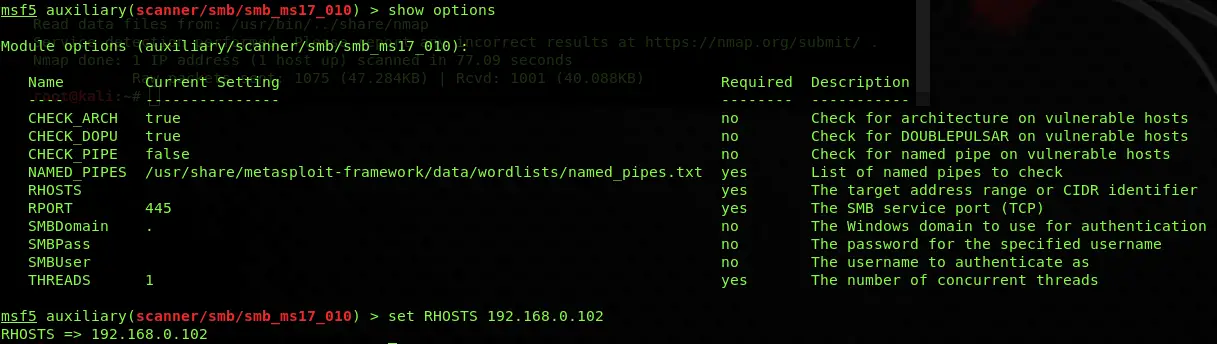 Metasploit ms07-010_scanner_options