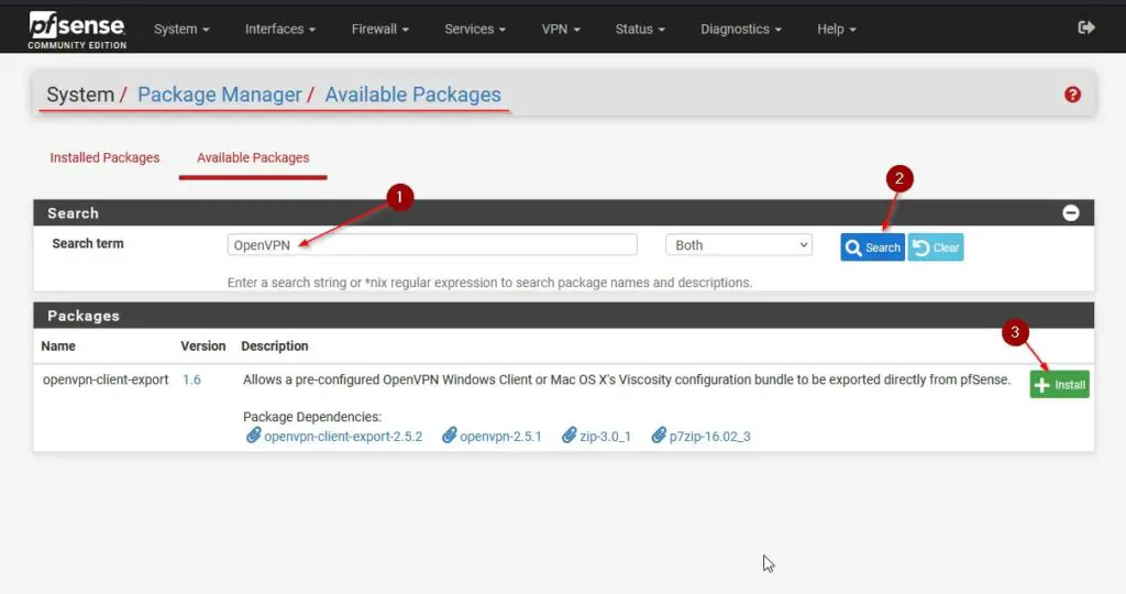 Install OpenVPN Client Export on pfSense