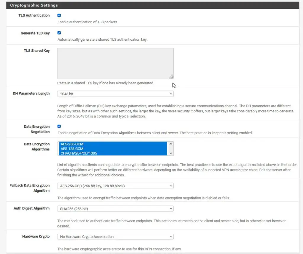 OpenVPN on pfSense Wizard Cryptographic Settings