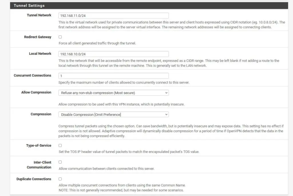 OpenVPN on pfSense Wizard Tunnel Settings