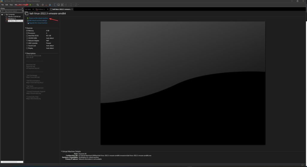 Start Kali Linux on VMWare
