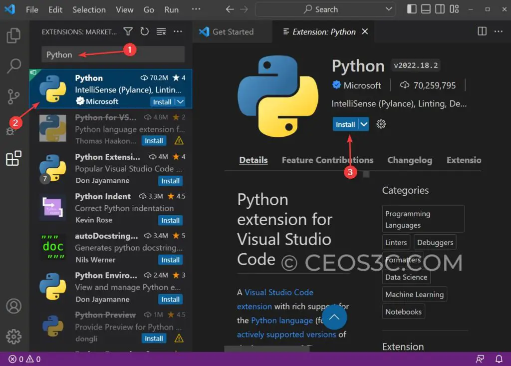 Install Python Extensions for Visual Studio Code