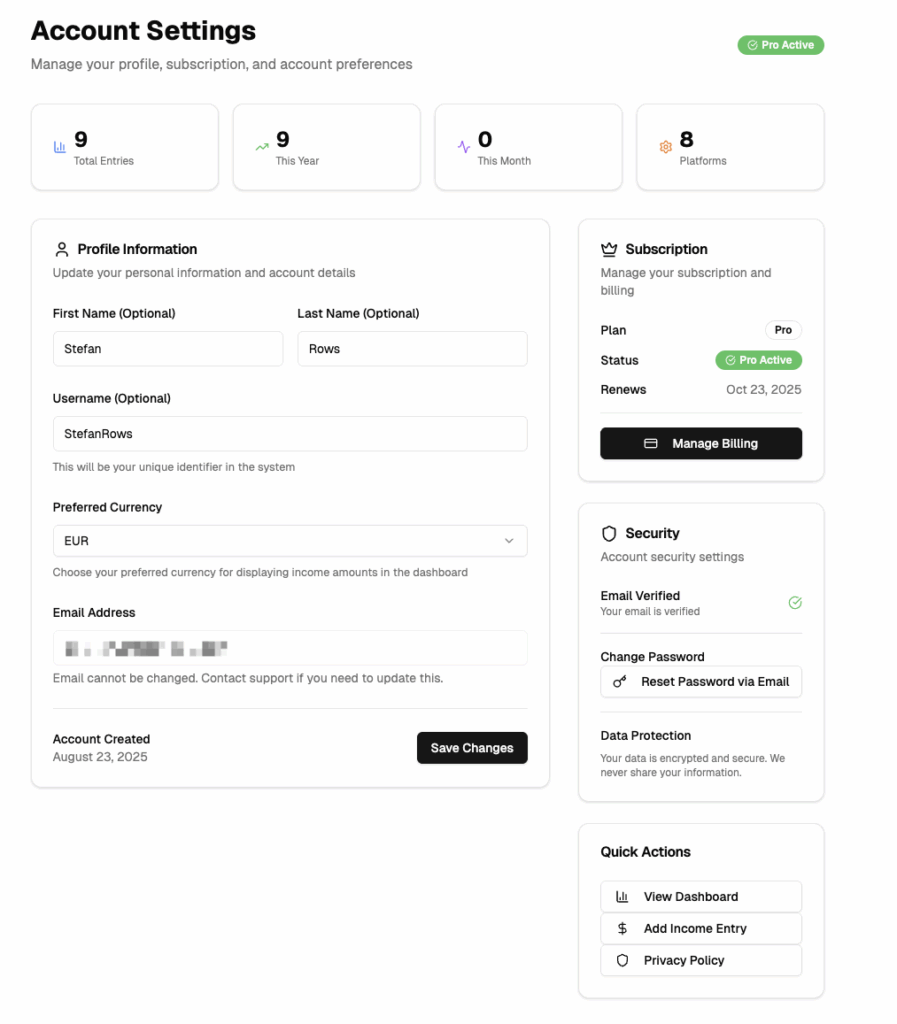 Income Tracker Account Settings