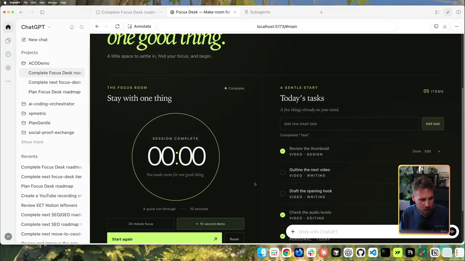 Focus Desk, built by the agents: circular timer, today's tasks, session complete