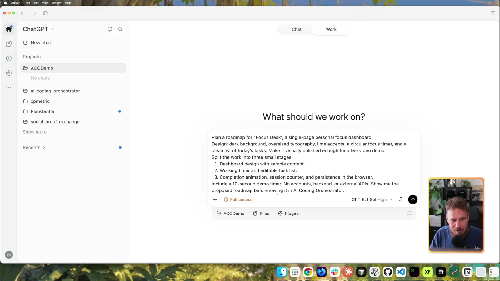 The Focus Desk planning prompt in ChatGPT Work mode with GPT-6.1 Sol High
