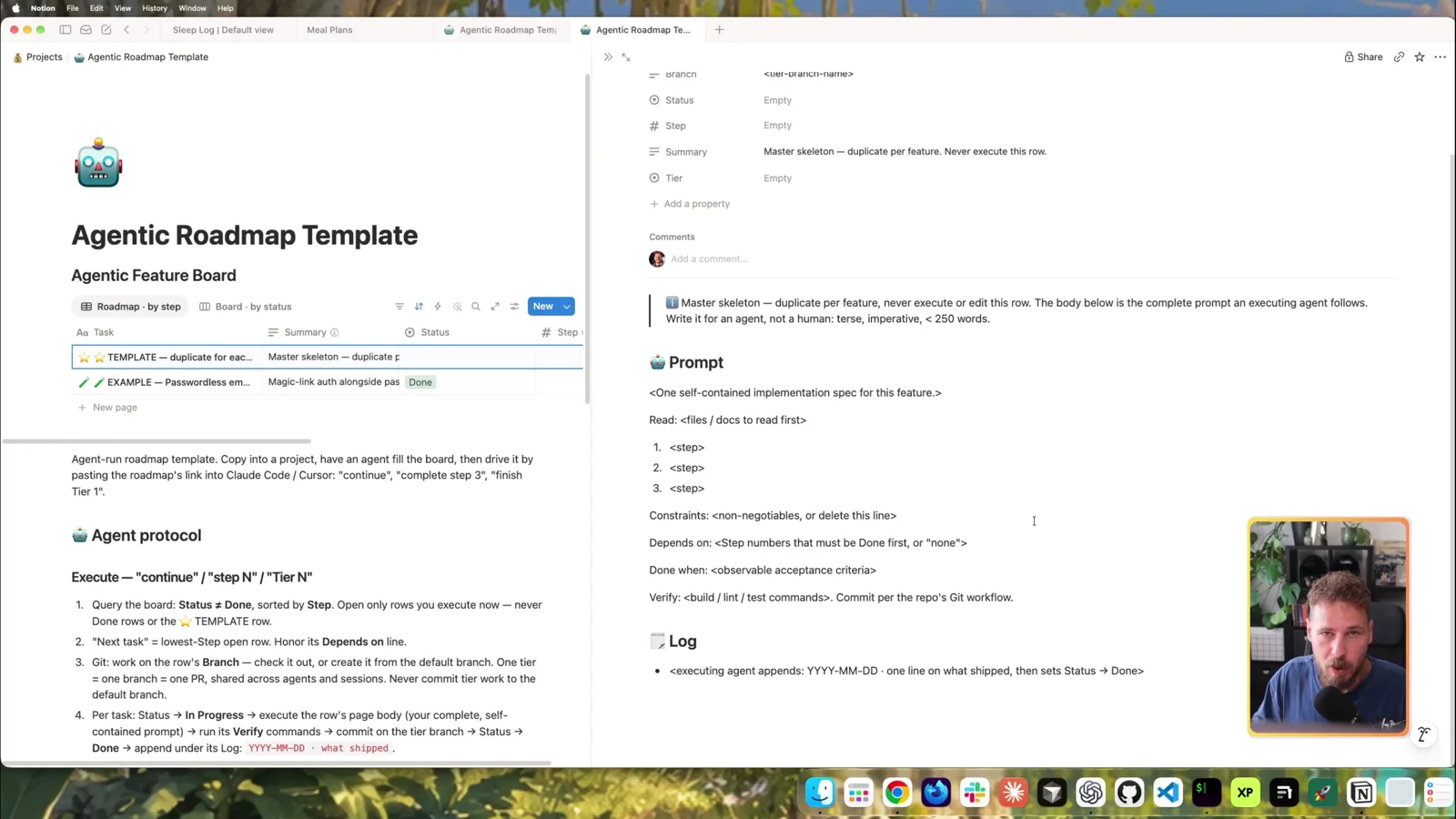 The Agentic Roadmap Template in Notion: one row per task, each with a full prompt
